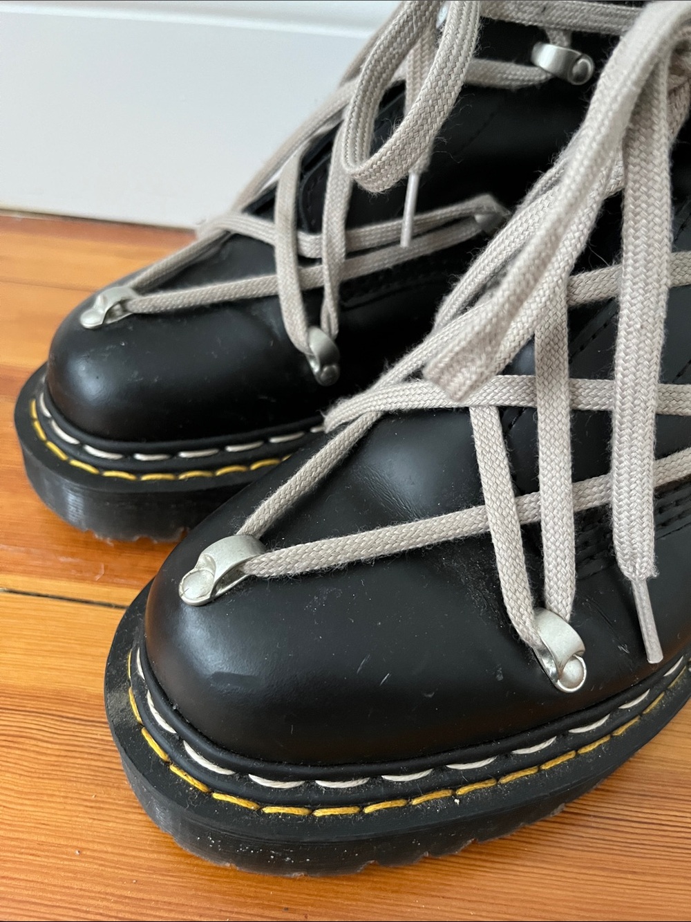 Rick Owen’s X Dr. Martens SOFT Black Leather Platform Boots with Beige Laces - Picture 3 of 5